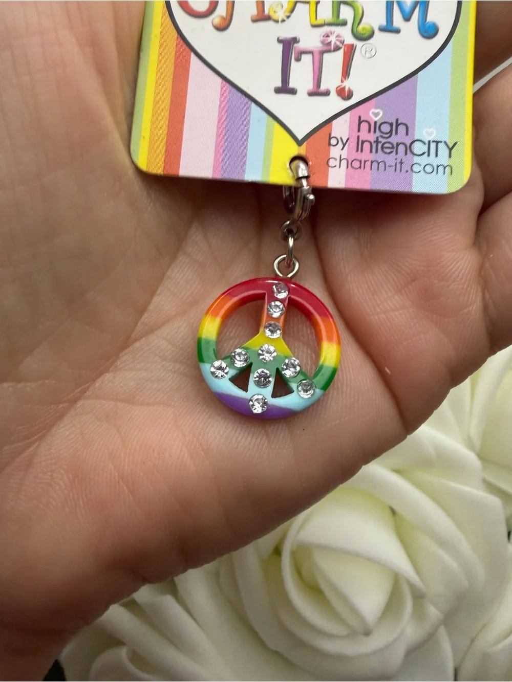 Charm It! Rainbow Peace Sign Charm with Rhinestones